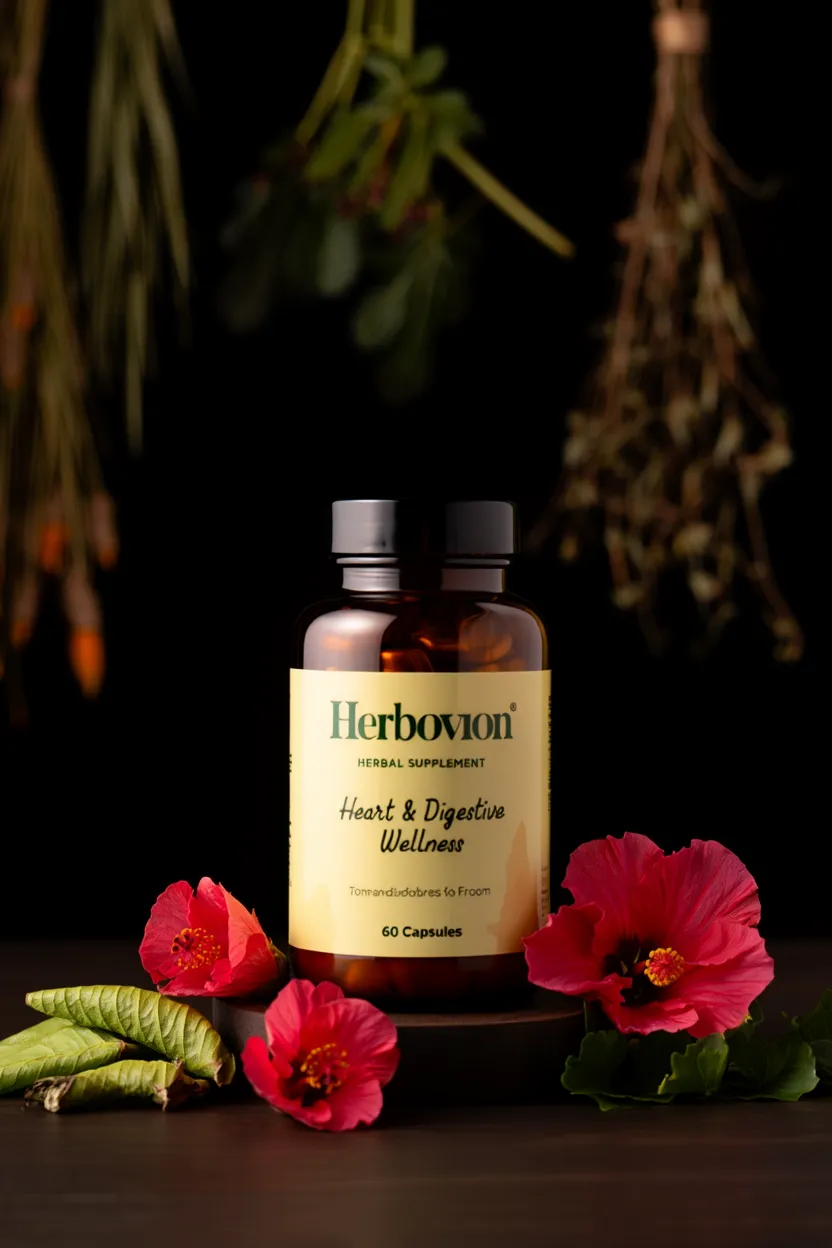 Herbovion herbal supplement bottle with natural plant ingredients for heart and digestive wellness